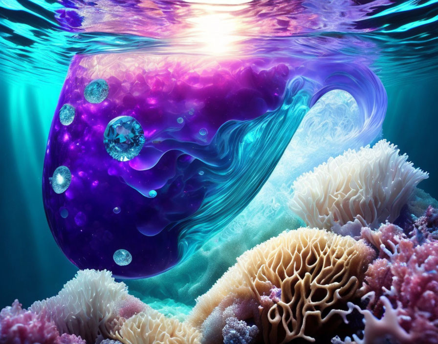 Colorful undersea scene with swirling purple liquid and coral formations