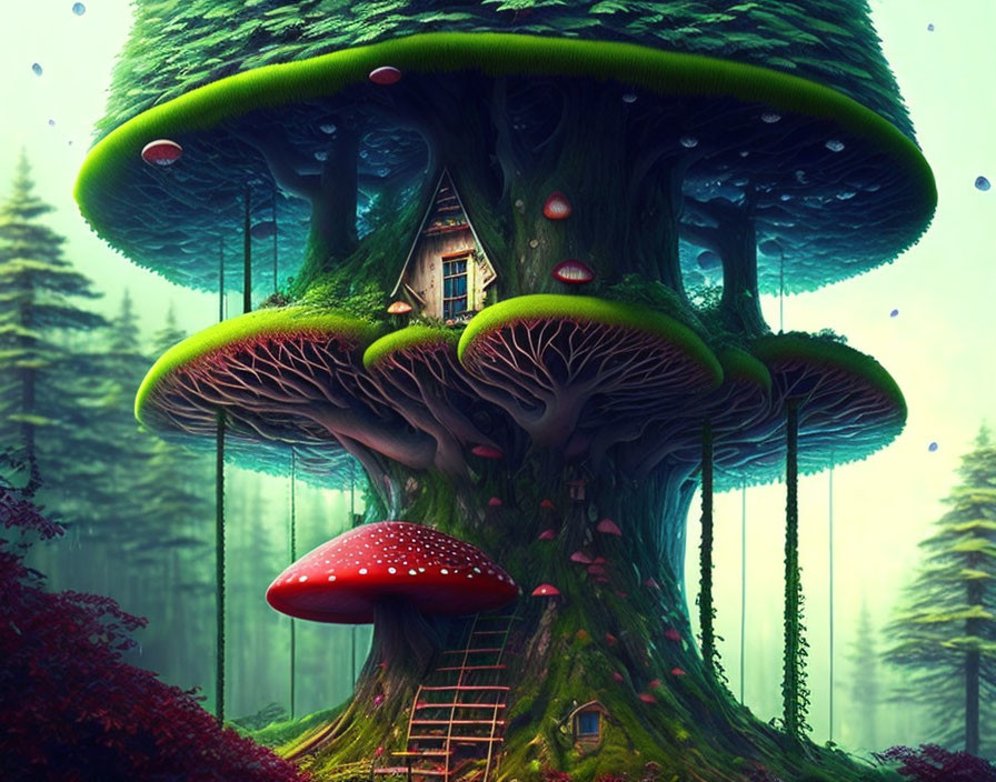 Fantastical tree with mushroom caps and tiny house in mystical forest