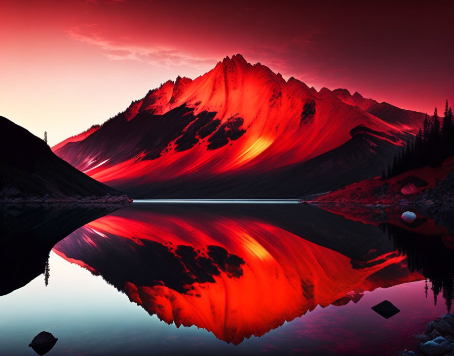 Scenic red sunset over mountain and lake