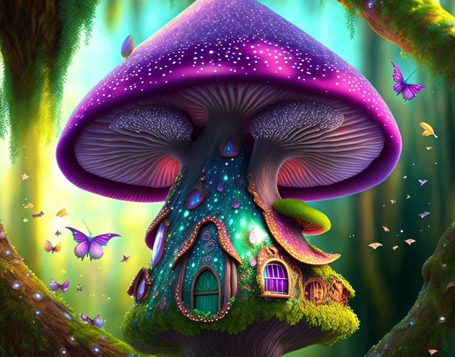 Vibrant oversized mushroom with house, trees, butterflies, and magical glow