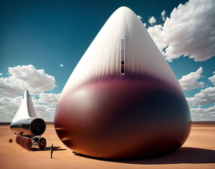 Futuristic desert landscape with teardrop structures and person