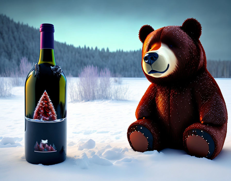 Stylized bear in snow with wine bottle featuring pine tree label