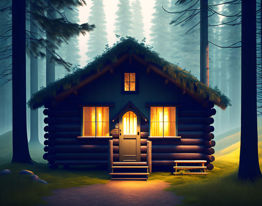 Cozy wooden cabin in misty forest twilight