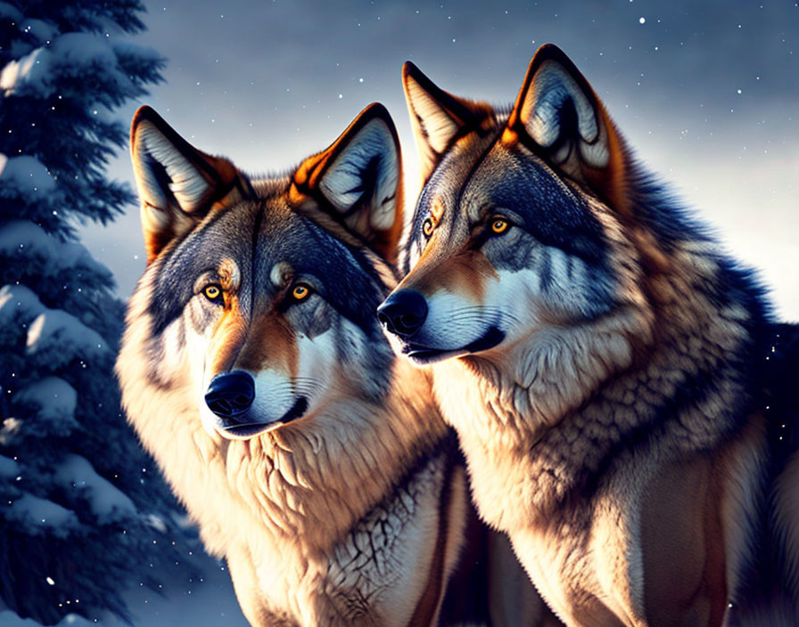 Two alert wolves with rich brown and grey fur in snowy twilight.