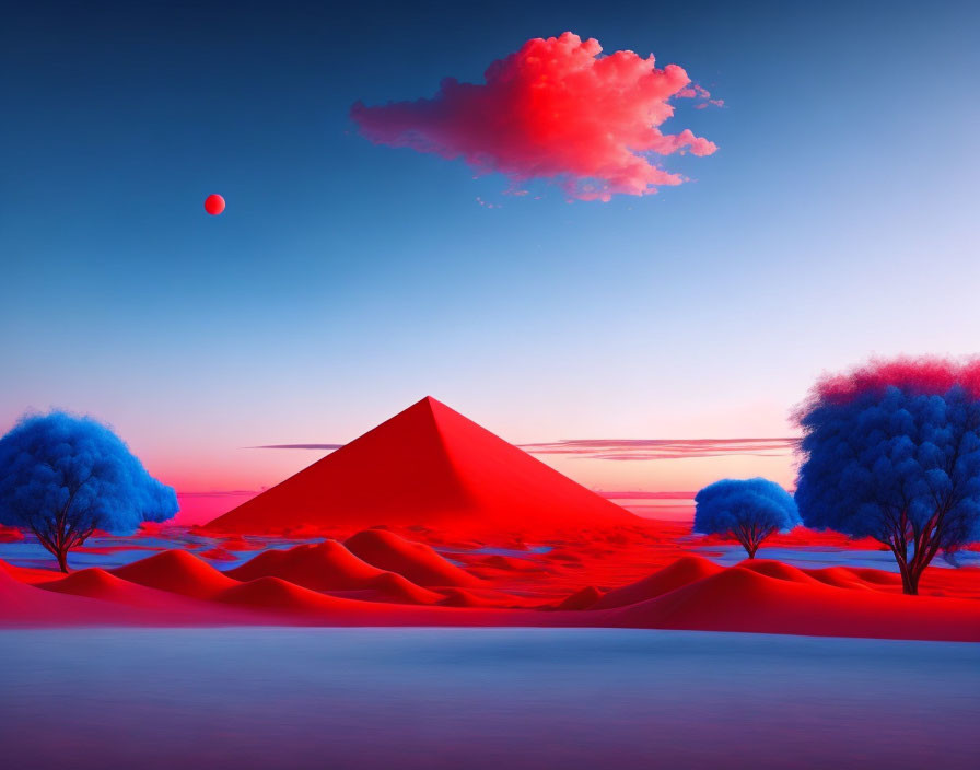 Vibrant red pyramid in surreal landscape with blue sky and red sun