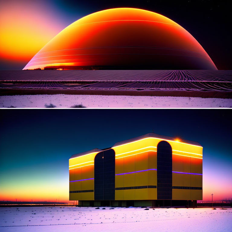 Futuristic buildings under twilight skies: dome with red-orange glow and neon-lit structure on snowy