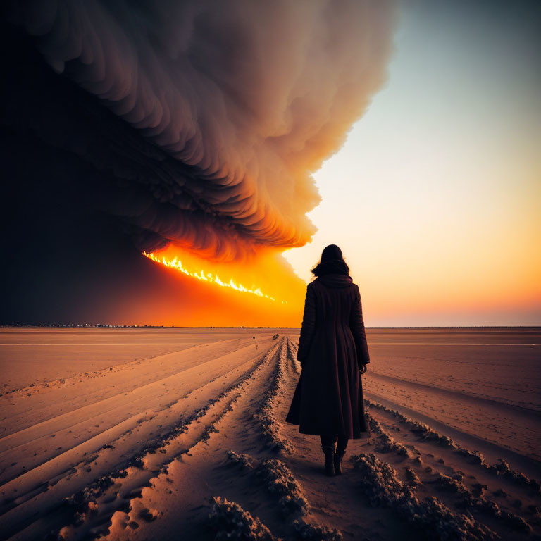 Person in Coat Walking towards Fiery Clouds over Snowy Landscape