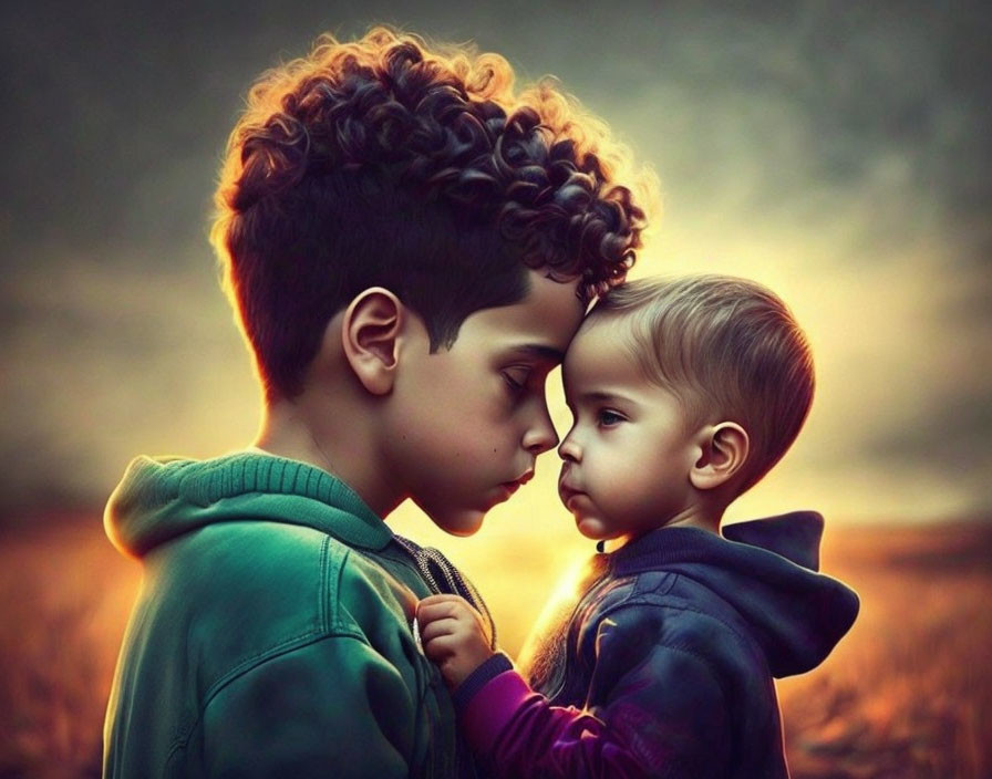 Siblings touching foreheads in golden field portrait