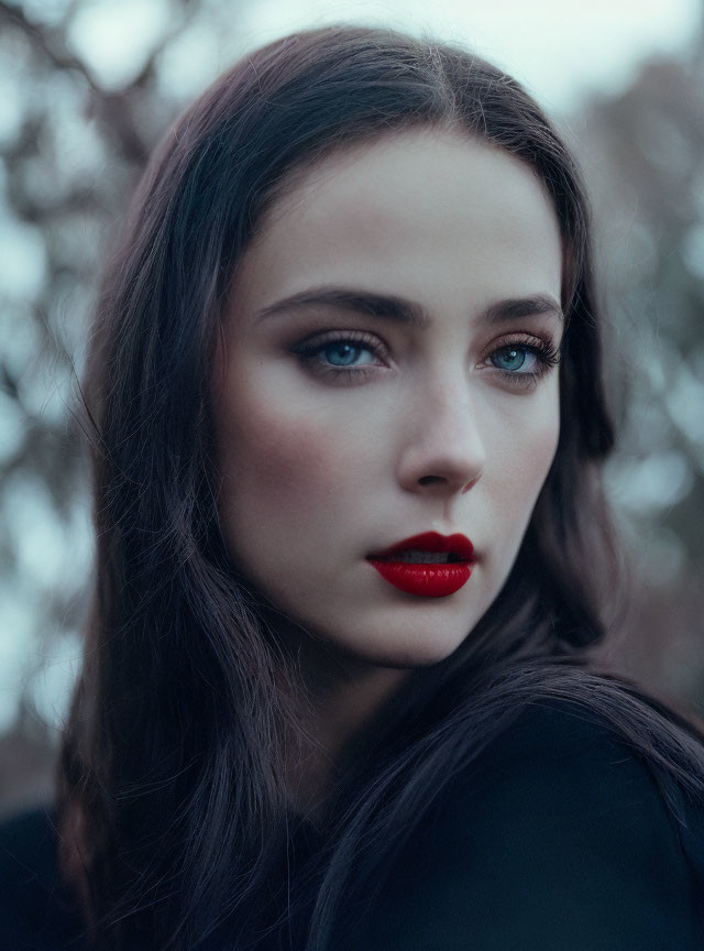 Portrait of woman with blue eyes, red lipstick, and dark hair against natural backdrop