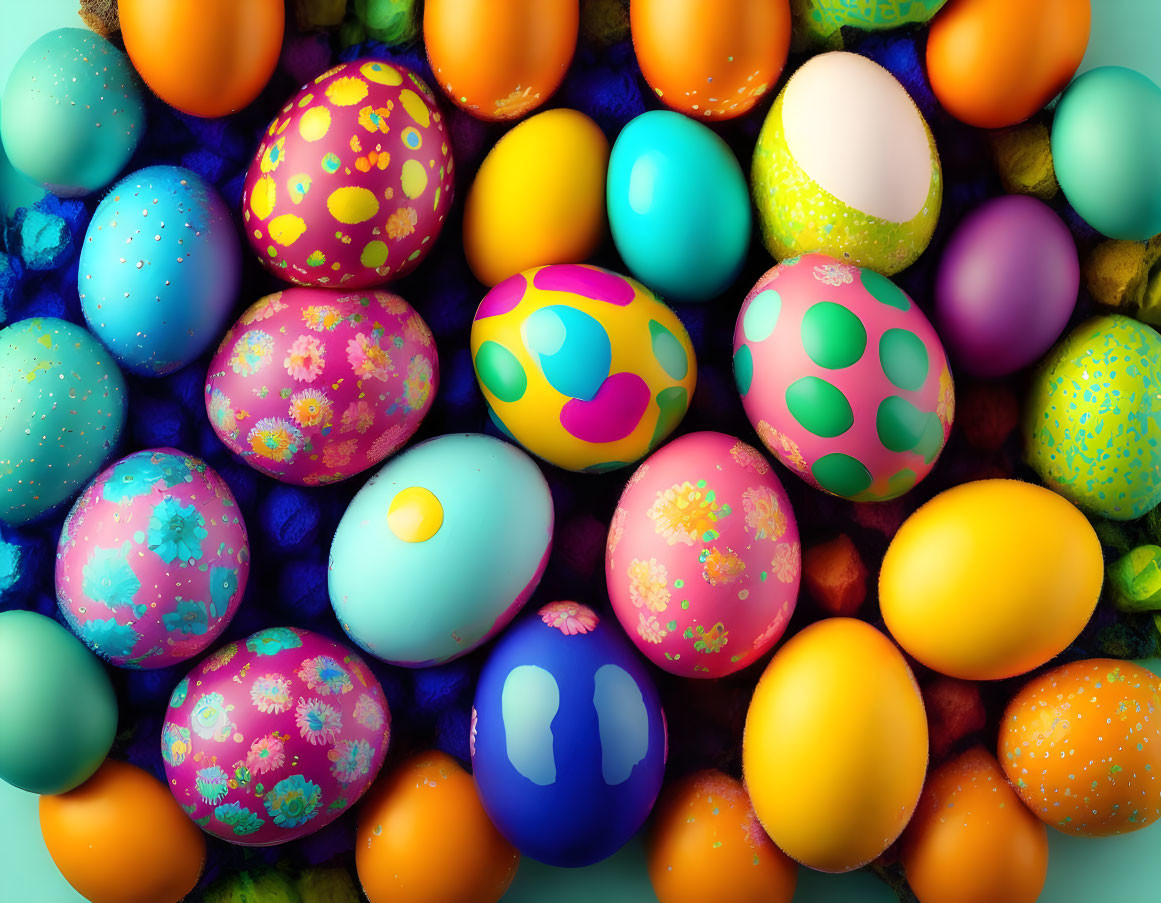 Vibrant Easter eggs with diverse designs on textured surface