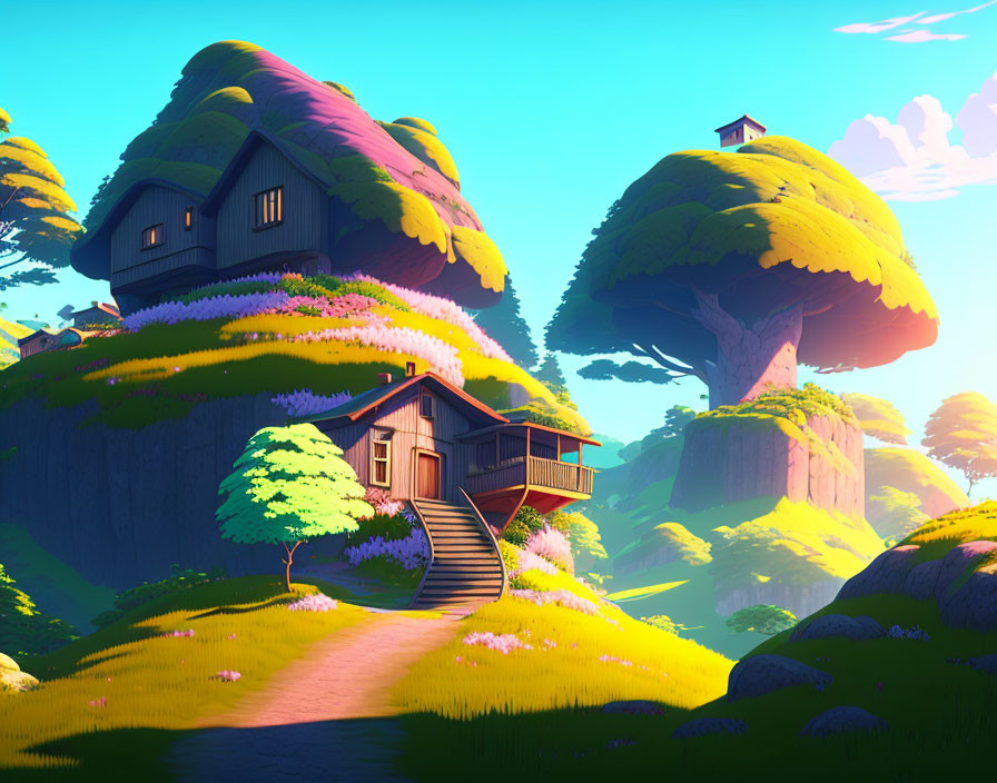 Colorful digital art: whimsical houses on green hills with oversized mushrooms