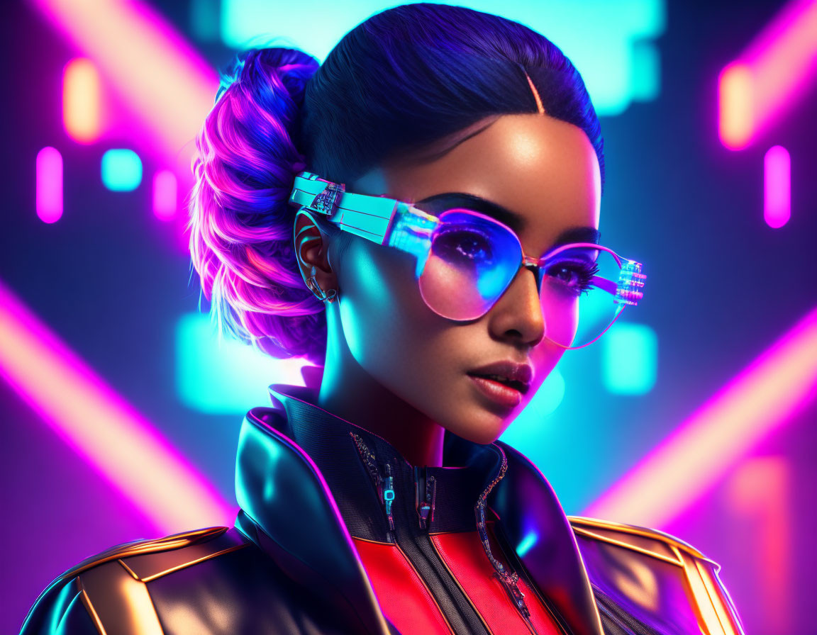 Stylish woman with glasses and futuristic earpiece in neon lights