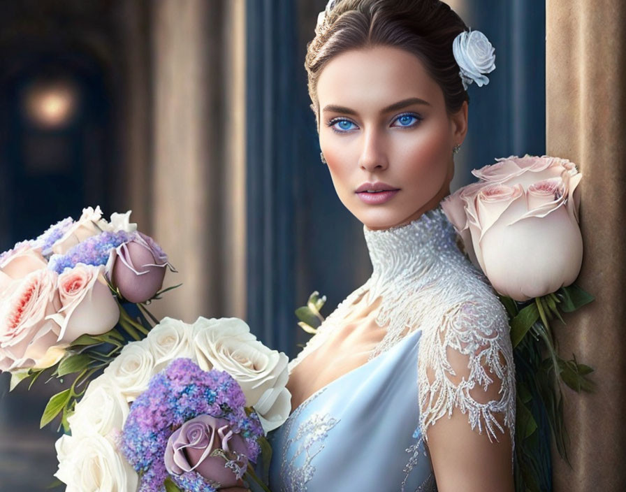 Blue-eyed woman in lace wedding dress with floral hair accessory and bouquet