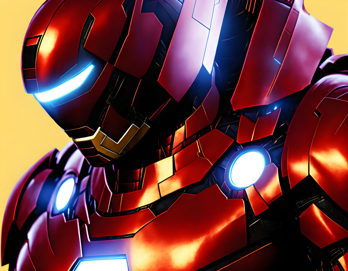 Detailed Close-Up of Red and Gold Iron Man Suit with Glowing Blue Features