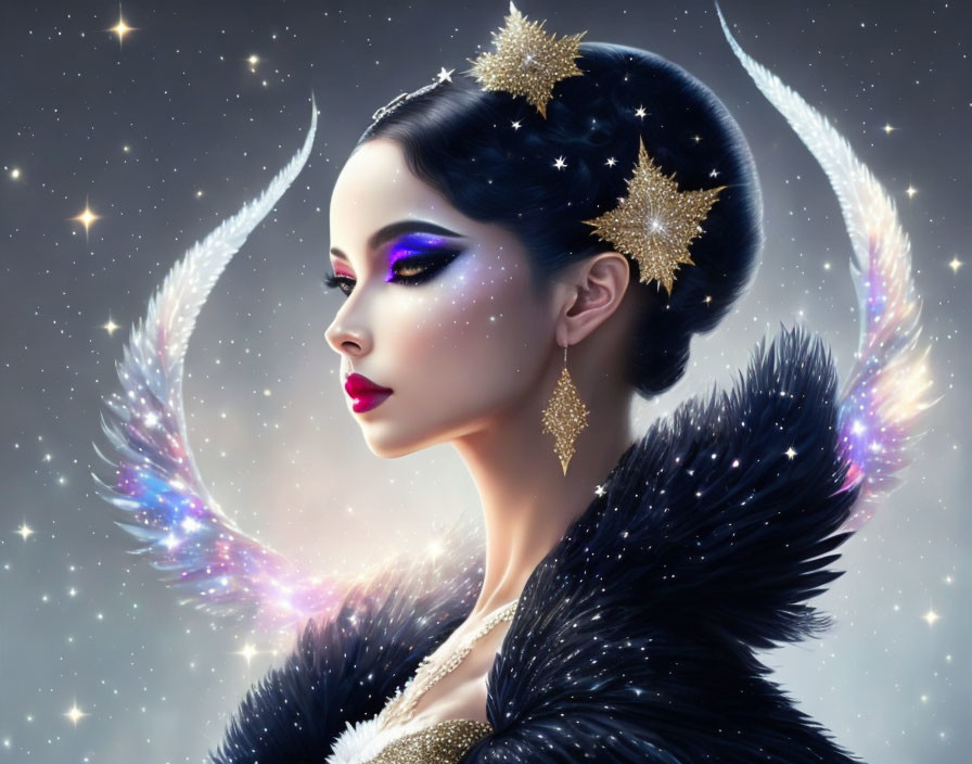 Digital artwork: Woman with dark hair, stars, celestial makeup, feathered garment, against starry