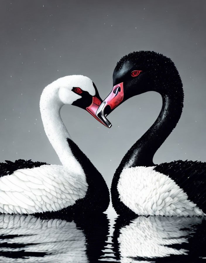 Swans creating heart shape reflection on water