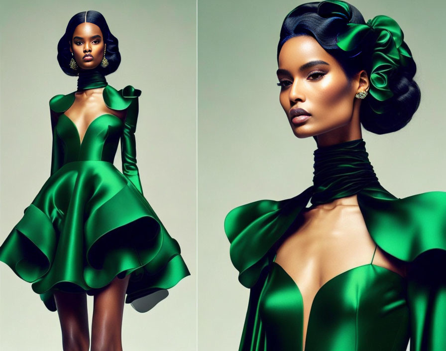 Woman showcasing elegant green dress with voluminous ruffles and dramatic curly hairstyle