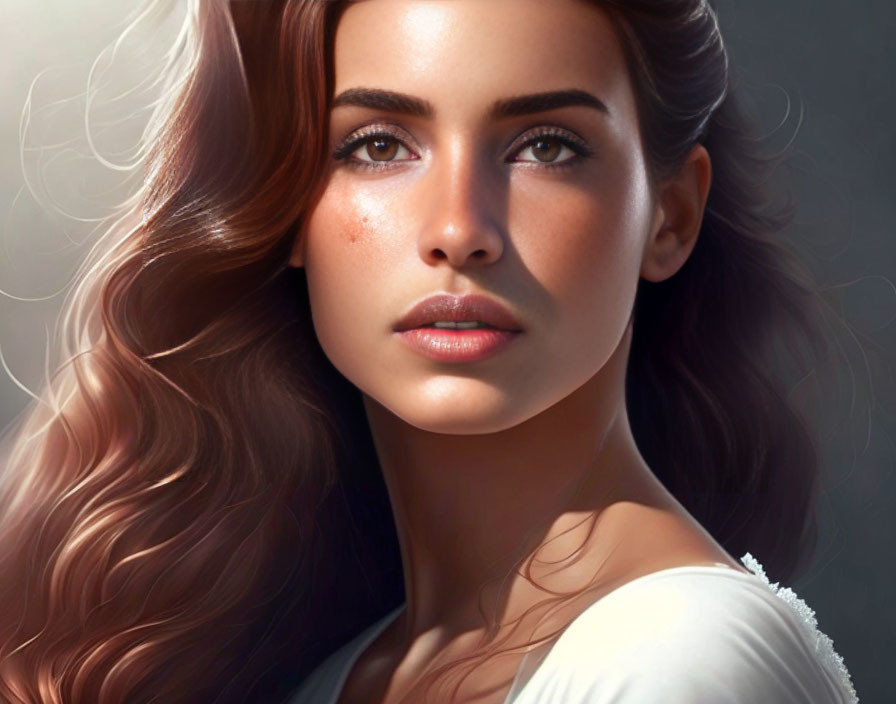 Woman with Long Wavy Hair and Striking Eyes in Digital Artwork