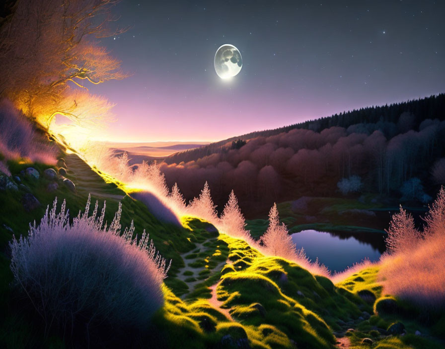 Vibrant surreal landscape at dusk with glowing sky, moon, stars, and reflective water.