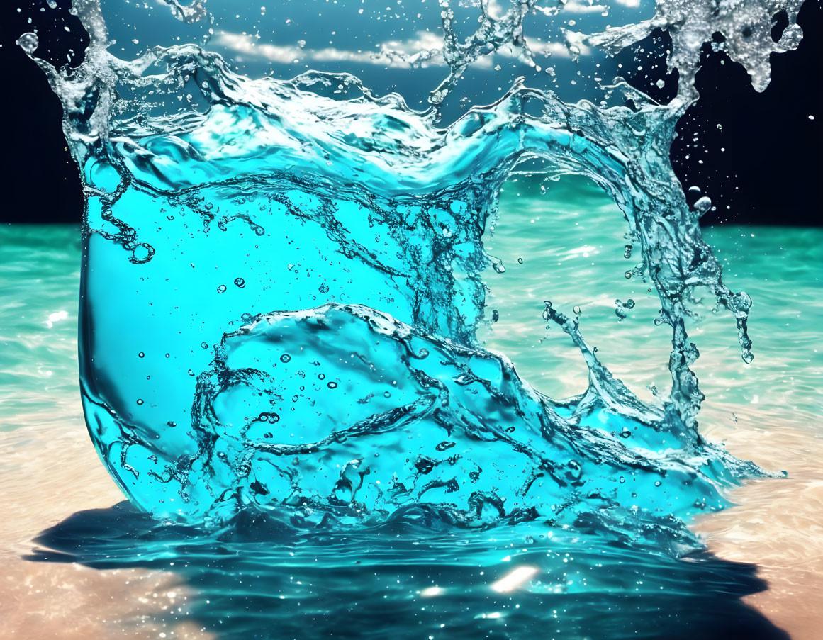 Turquoise liquid splash against beach backdrop showcases dynamic movement.