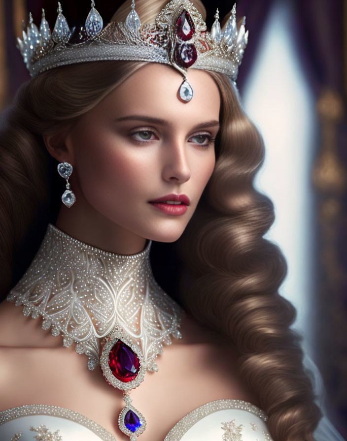 Regal woman with wavy brown hair and jeweled crown in white collar.