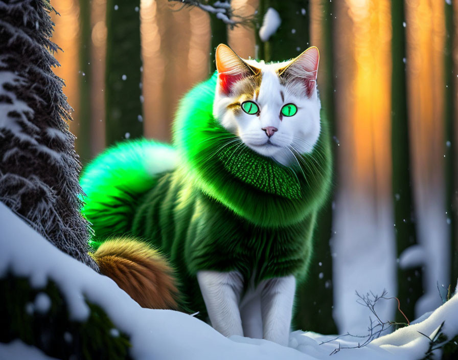 White Cat with Green Eyes and Scarf in Snowy Forest Scene