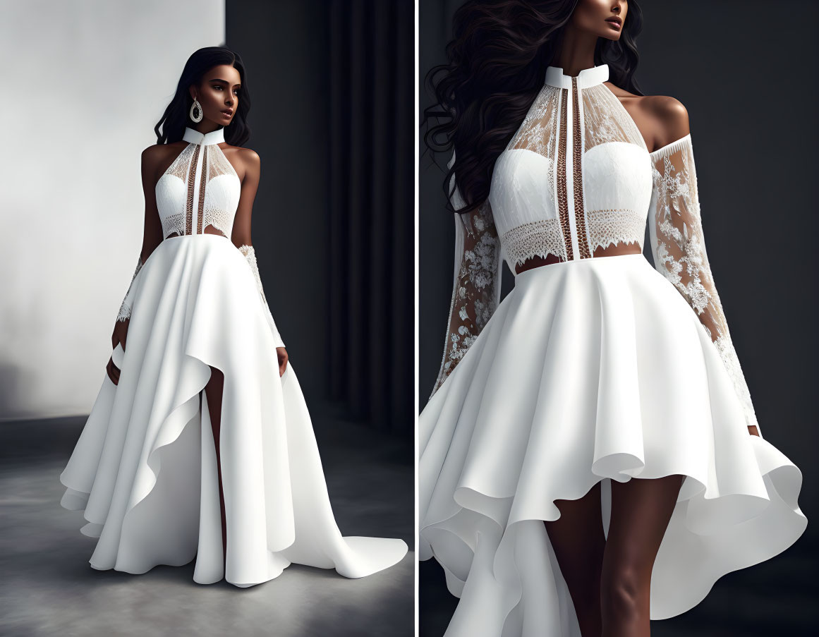 Elegant white high-low dress with lace details and thigh-high boots