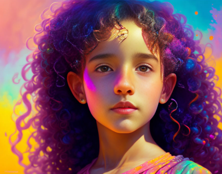 Curly-Haired Girl in Colorful, Thoughtful Setting