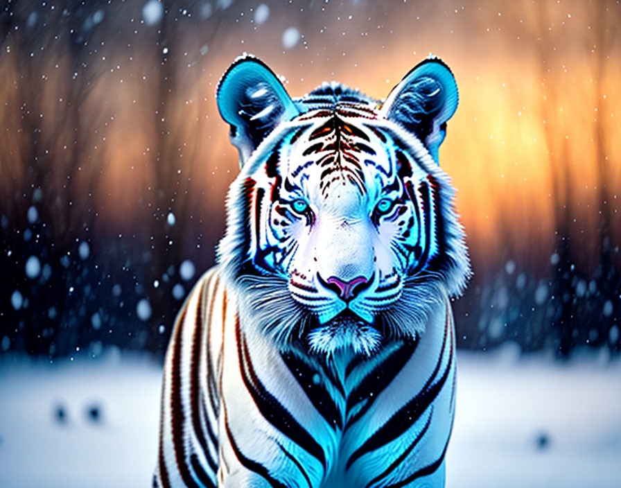 Majestic tiger with blue stripes in snowy landscape