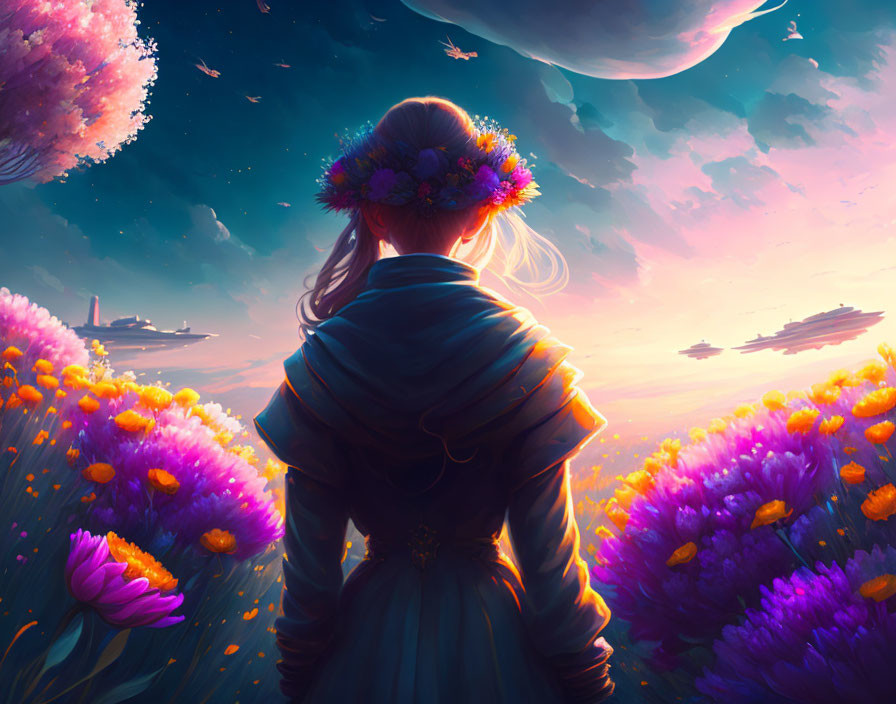 Woman with Flower Crown Gazing at Dreamy Sky and Floating Islands