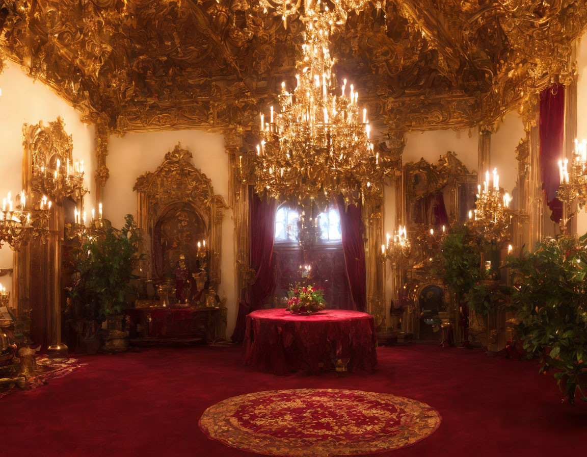 Luxurious Room with Gold Decorations, Chandeliers, Red Table, Carpet, and Drapes