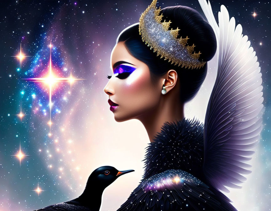 Digital artwork featuring woman with cosmic makeup, feathered shoulder piece, bird, and starry space backdrop