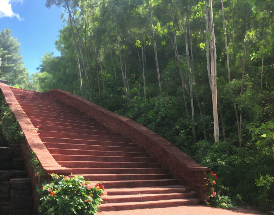 Red Staircase in Greenery Leading to Sunlit Forest