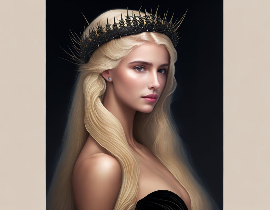 Blonde Woman Portrait with Black Spiked Crown on Beige Background