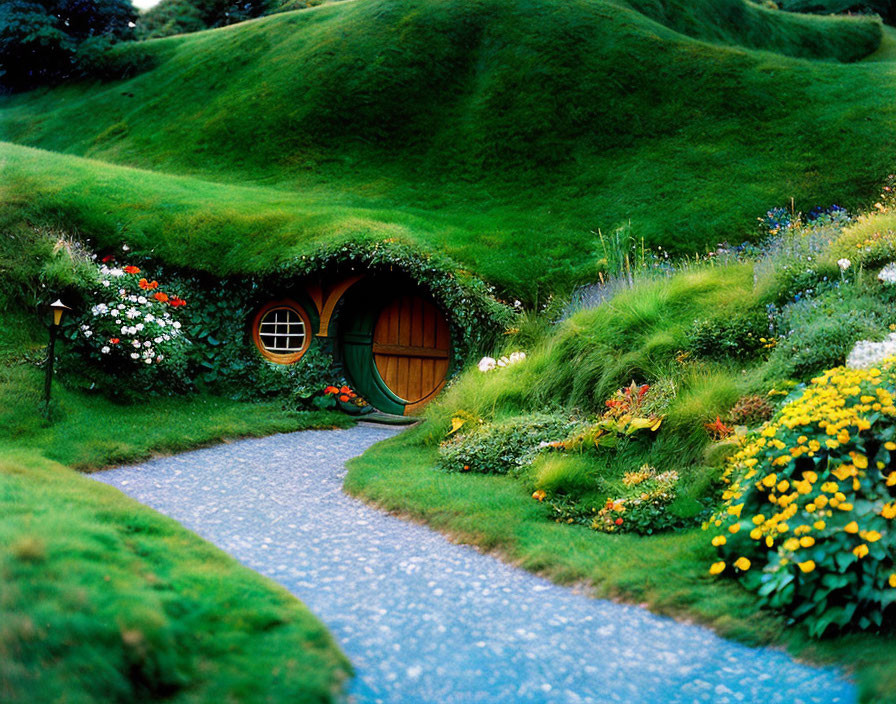 Unique Hobbit-Style House with Round Door in Green Hill