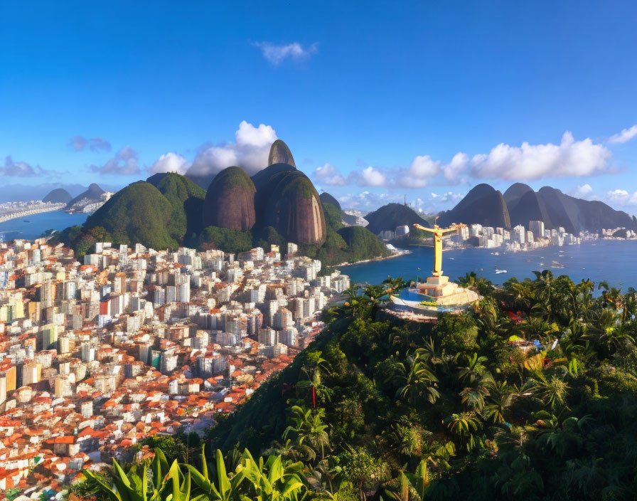 Panoramic coastal city view with urban buildings and green hills under blue sky