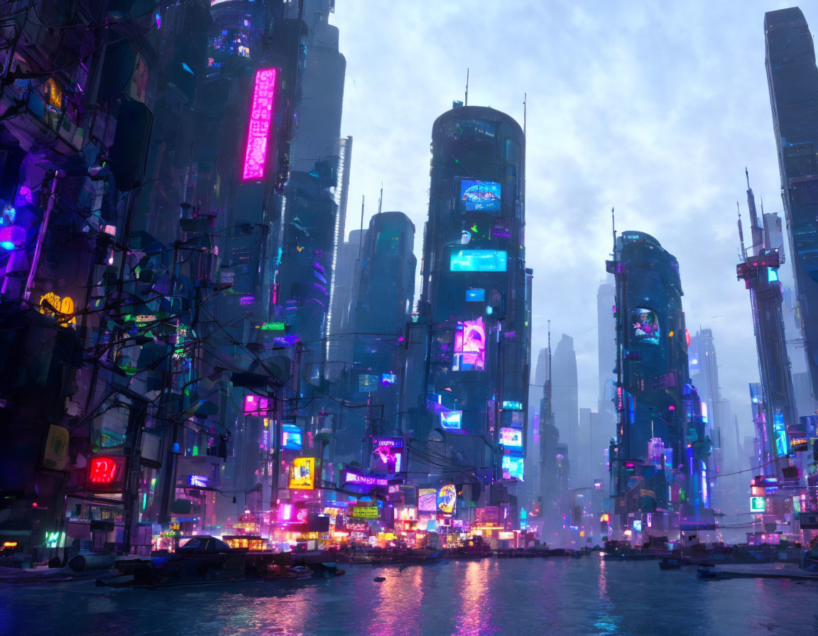 Cyberpunk cityscape: neon signs, misty skyscrapers, canal reflecting lights