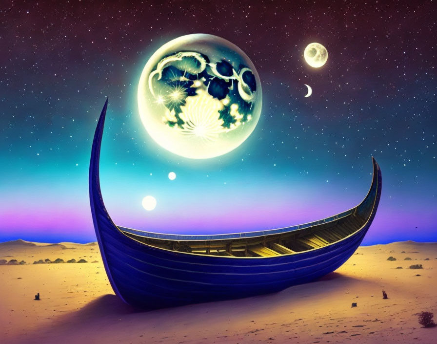 Surreal digital art: oversized moon, small planets, boat in desert under starry sky