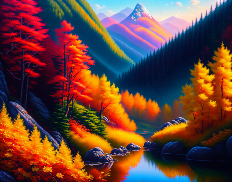 Scenic autumn forest with red and orange leaves by tranquil river