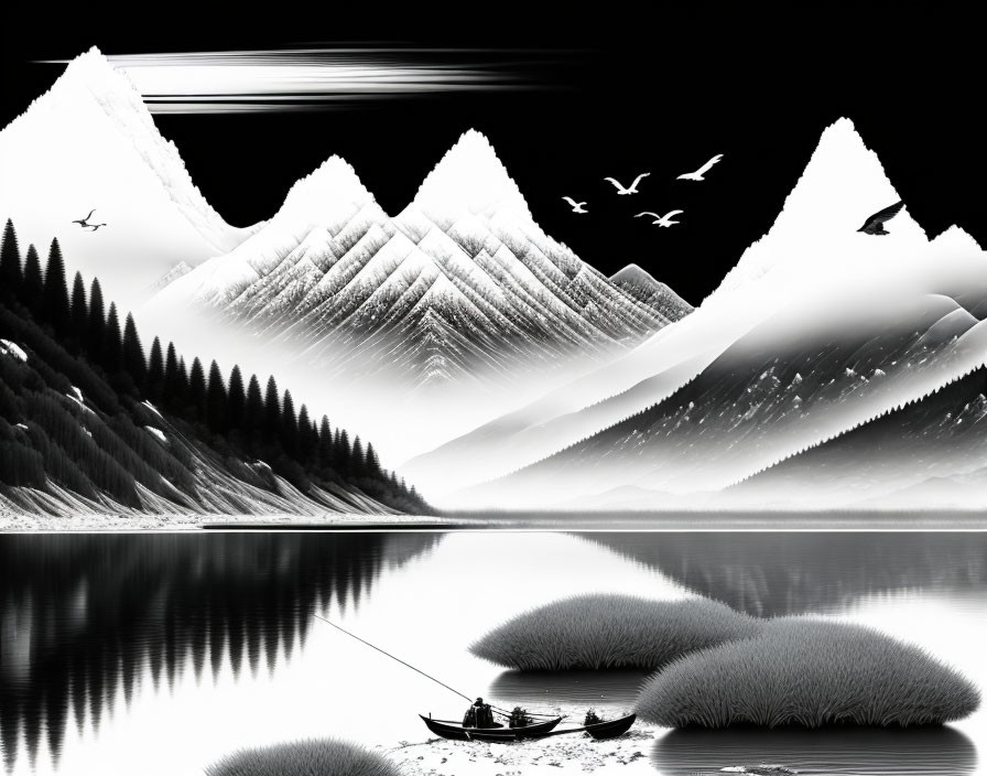 Monochromatic landscape with snowy mountains, serene lake, boat, pine trees, birds, and textured