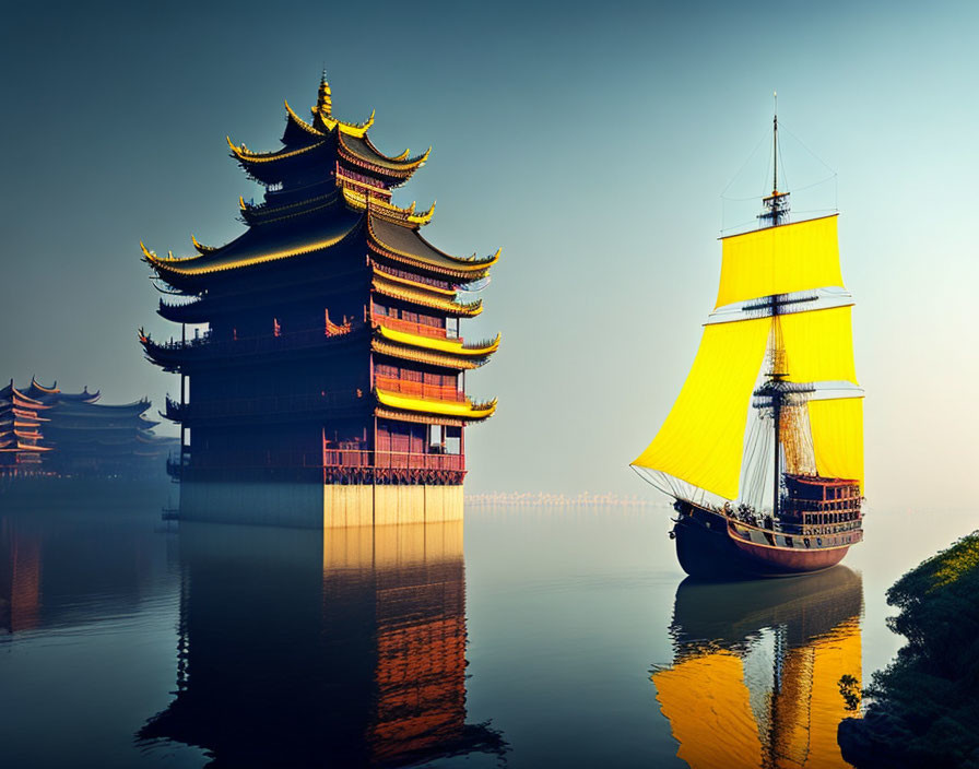 Traditional East Asian Pagoda by River with Sailboat and Yellow Sails