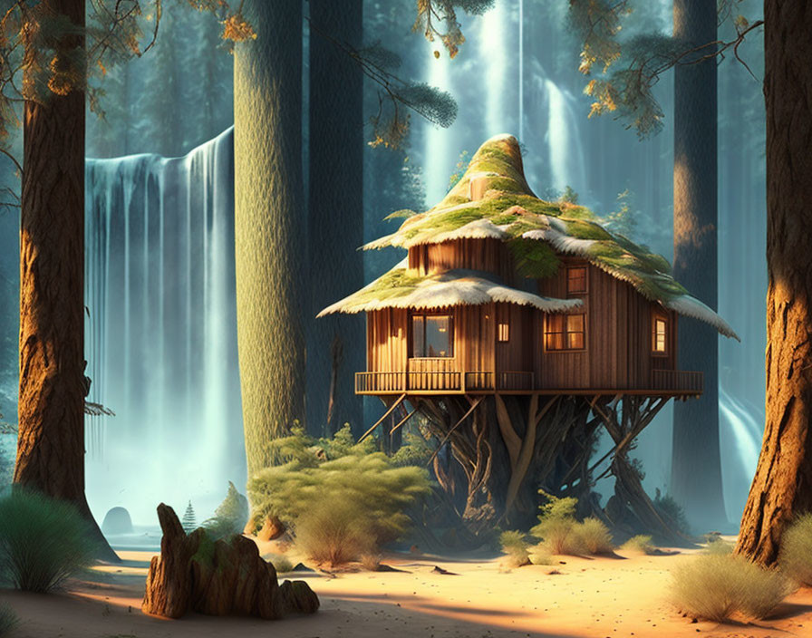 Treehouse near waterfall surrounded by giant trees in forest sunlight