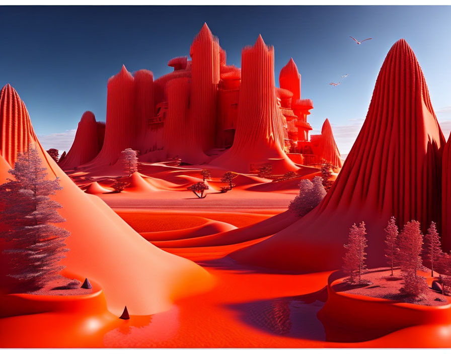 Vivid red landscape with spire-like formations and sinuous rivers