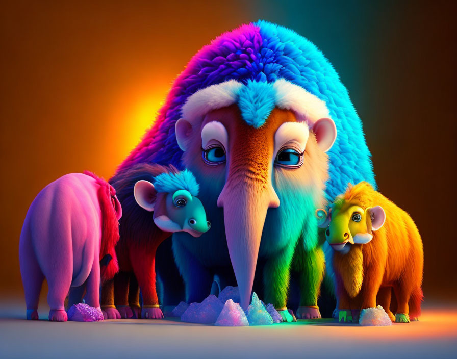 Vivid fluffy mammoth-like creatures in colorful hues under gradient light