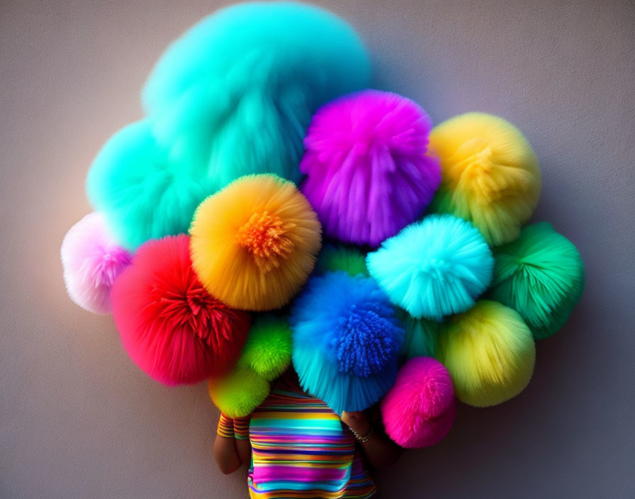 Colorful Pom-Poms Surrounding Person on Gray Background