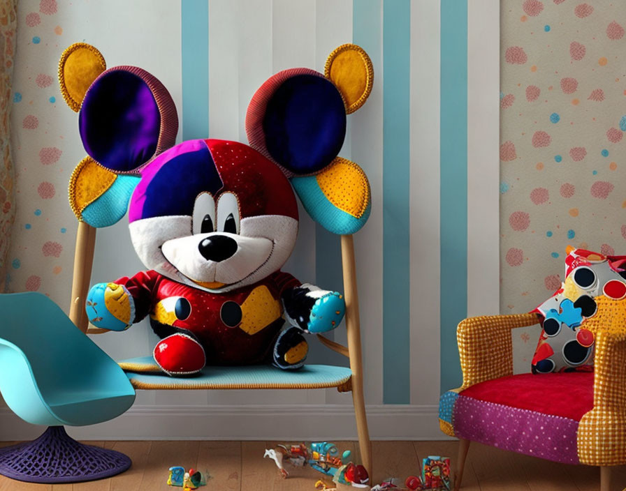 Colorful Mickey Mouse Plush on Swing in Polka-Dotted Room