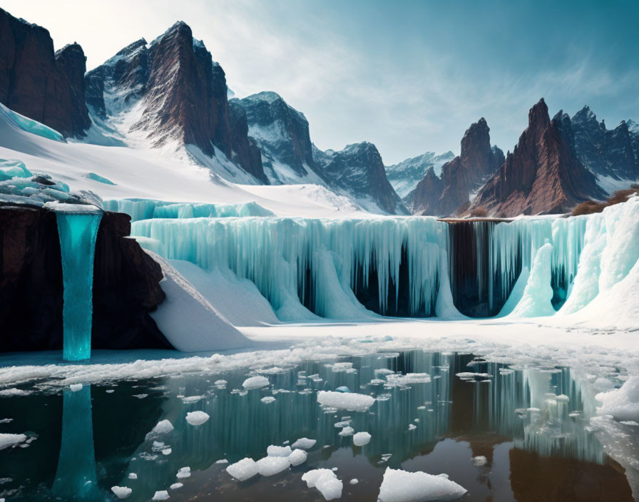 Frozen Waterfall Surrounded by Snow-Capped Mountains