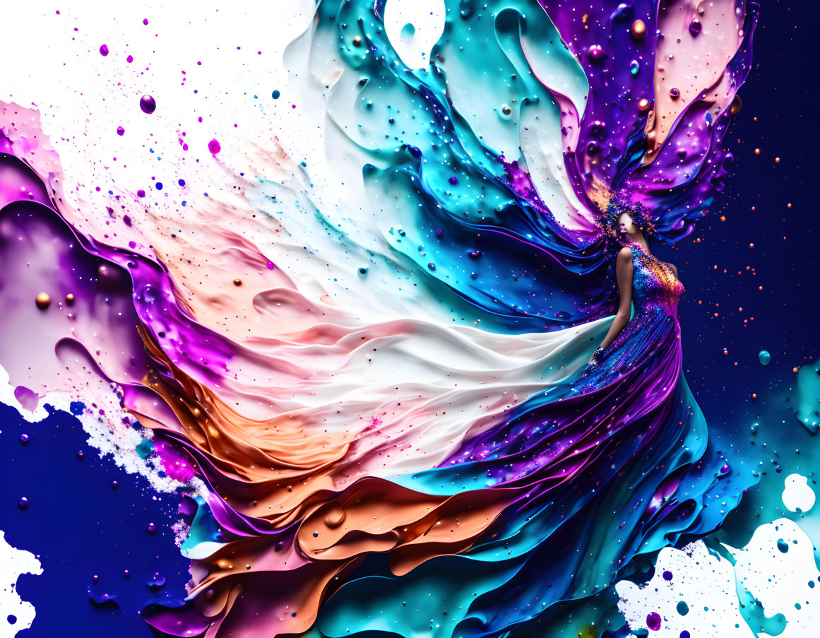 Vibrant digital artwork: Woman in flowing dress with colorful liquid splashes