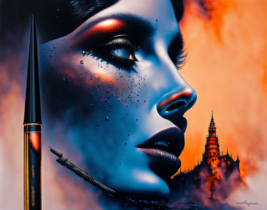 Stylized artwork of woman's face with galactic elements, pen, and fantastical castle.