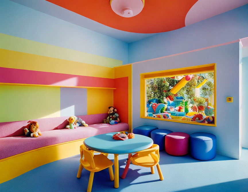 Colorful Children's Playroom with Multicolored Walls and Rainbow Ceiling